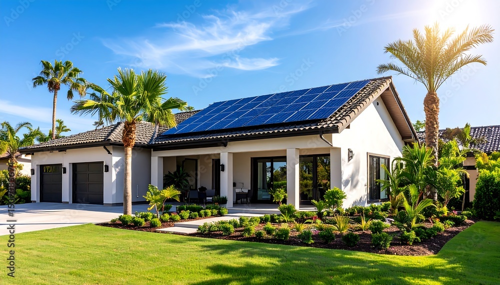 Modern Solar-Powered House with Tropical Landscaping Modern Solar-Powered House with Tropical Landscaping