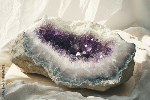 A beautiful amethyst geode with sparkling purple crystals sits on a soft, light-colored fabric background, showcasing its unique formation.