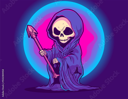 Cute Grim Reaper Cartoon Character. Grim reaper Halloween symbol design. Halloween Skeleton. Spooky and horror Element design for banner, poster, flyer. Grim in robe. Flat Style Vector Illustration