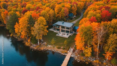 Autumn lakefront home aerial view