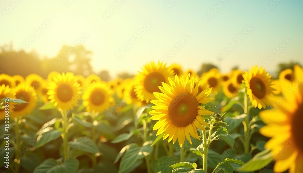Sunflower Field in Summer Sunshine Golden Blooms Against Blue Sky Sunflower Field in Summer Sunshine Golden Blooms Against Blue Sky