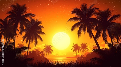 Tropical sunset scene with silhouette palm trees.