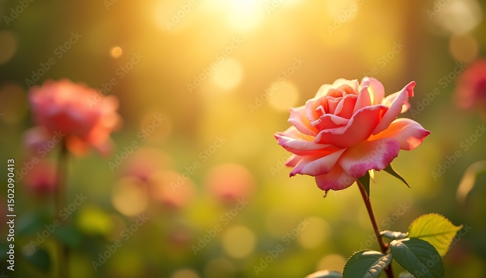 Obraz premium Rose Blossom Blooming in Warm Sunset Light Flower Garden