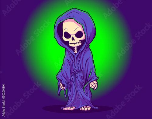 Cute Grim Reaper Cartoon Character. Grim reaper death Halloween symbol. Halloween Skeleton in mantle. Spooky and horror Element design for banner, poster, flyer. Grim in robe. Vector Illustration