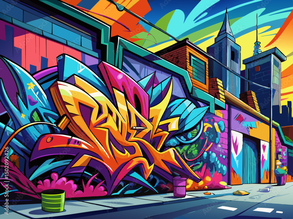 vector of A living urban graffiti wall that captures the energy of street art. vector of A living urban graffiti wall that captures the energy of street art.