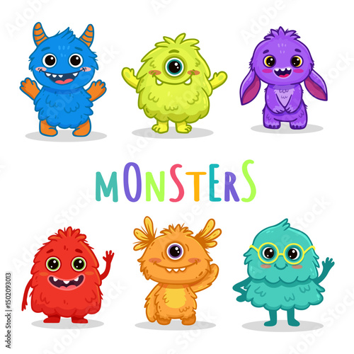 Big set of cartoon monsters. Cute monsters. Kids funny character design for posters, cards., magazins. Vector illustration