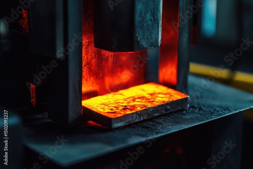 A hot metal workpiece being forged in a mechanical press, intense heat radiates during the metal shaping process.