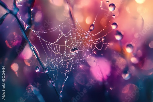 An ethereal spiderweb glistens with dew drops against a backdrop of soft, blurred colors, evoking a sense of magical tranquility.