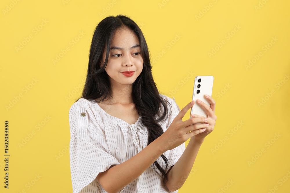 Happy Young Asian Woman using Mobile Phone or Touching Screen Application on Smartphone Happy Young Asian Woman using Mobile Phone or Touching Screen Application on Smartphone