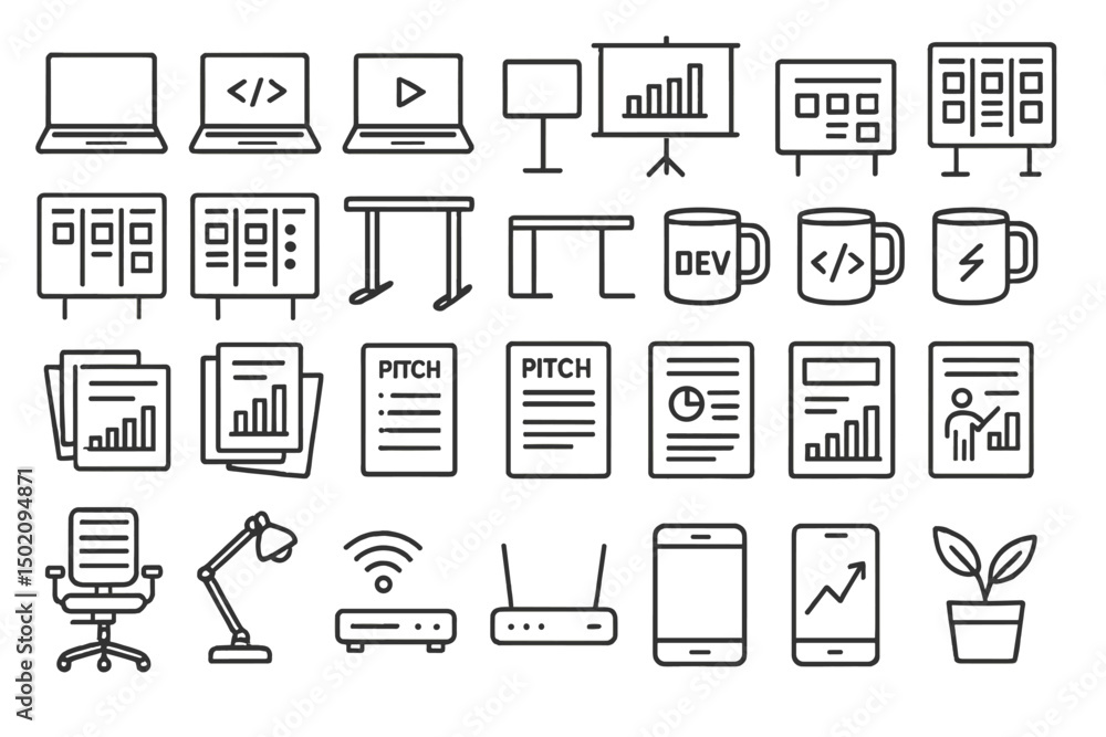 Fototapeta premium Tools and elements for a successful tech presentation featuring laptops, charts, and coffee mugs