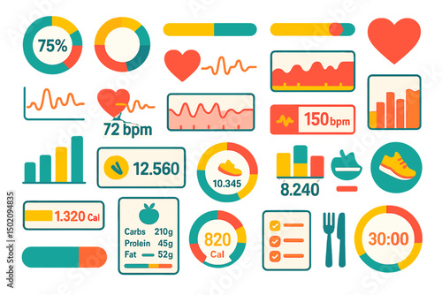 Health data visualizations show various fitness metrics and nutritional information in bright colors, highlighting engagement in healthy living