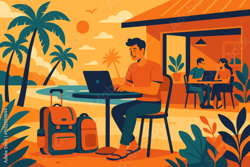 Working remotely by the beach with palm trees and vibrant sunset in a tropical setting