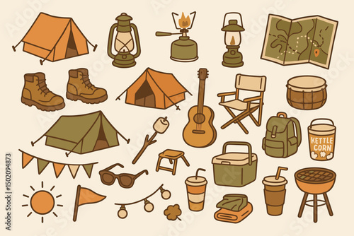 Camping gear and supplies illustrated in a creative design showcasing outdoor essentials