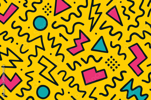 Colorful abstract pattern featuring geometric shapes and wavy lines on a bright yellow background