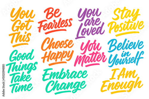 Inspirational quotes promoting positivity and self-affirmation in bright colors on a white background