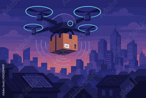 Delivery drone flying over urban skyline at dusk with a package for residents in need of fast service
