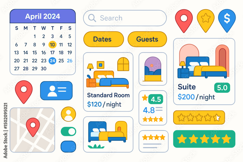 Fototapeta premium Booking interface for hotel accommodations with calendar, room options, and pricing details