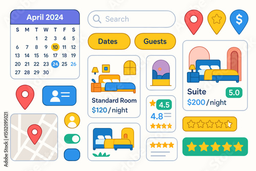 Booking interface for hotel accommodations with calendar, room options, and pricing details