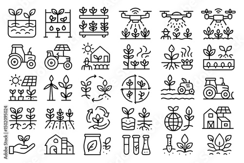 Innovative agricultural practices illustrated through various symbols showcasing sustainability and technological advancement in farming