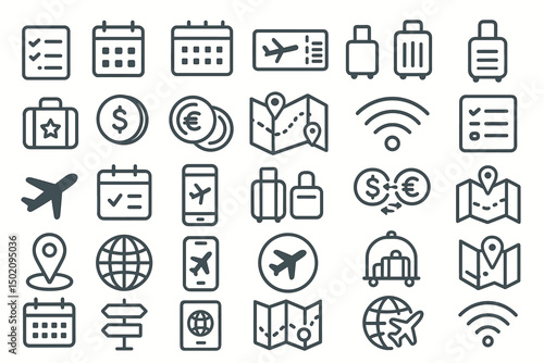 Icons representing travel-related concepts including planning, locations, and transportation methods for trips and vacations
