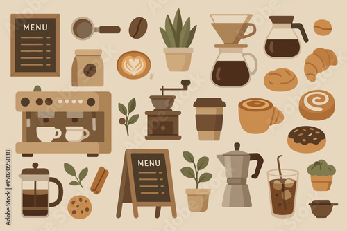 Coffee culture collage featuring various brewing methods, beverages, and pastries arranged in a cozy setting