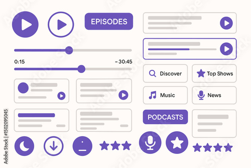 User interface design for podcast app with episode controls and categories for music and news content