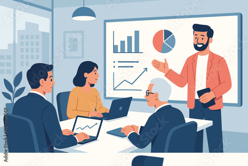 Business meeting in a modern office with presentations and discussions on analytics