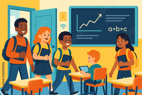 Students engage in learning as they enter a vibrant classroom during a lesson on mathematics and technology integration
