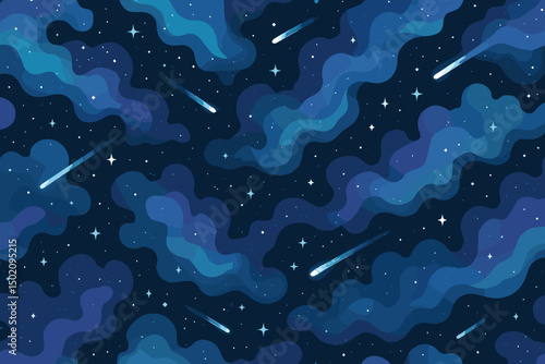 Starry night sky with clouds and shooting stars creating a calming cosmic atmosphere