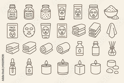 Collection of wellness and relaxation products including bath salts, face masks, and candles arranged neatly