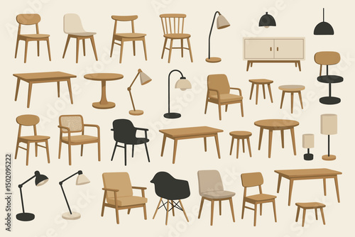 Stylish collection of modern furniture including chairs, tables, and lighting for home decor inspiration