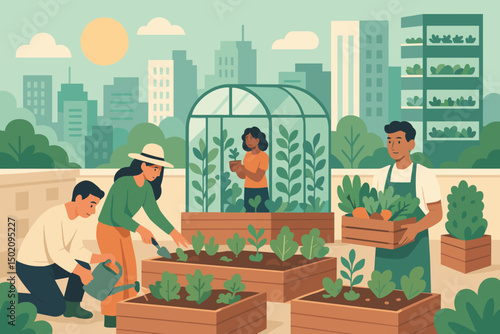 Urban community garden activity showcases teamwork and sustainable practices in a city setting during a sunny day