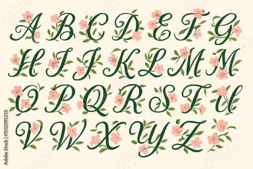 Elegant floral alphabet design showcasing cursive letters adorned with delicate pink flowers on a soft beige background
