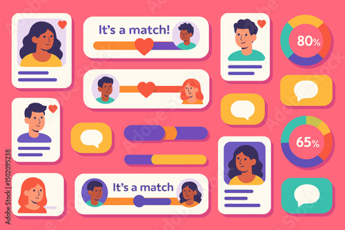 Colorful digital illustration of a matchmaking app interface showcasing profile cards and engagement statistics