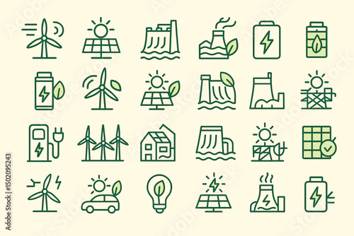 Symbols representing renewable energy sources and sustainability practices in a creative design layout