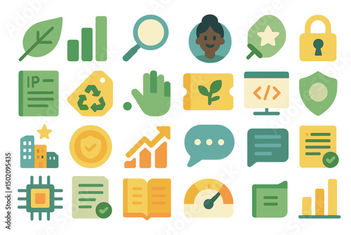Colorful collection of flat icons representing data, nature, security, and communication in a modern design layout