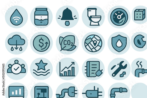 Icons representing various environmental, health, and utility concepts arranged in a grid format for educational or informational purposes