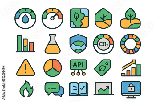Icons representing environmental sustainability themes and practices in a modern design style