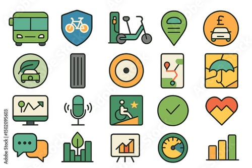 Collection of colorful icons representing various transportation and communication concepts displayed on a grid layout