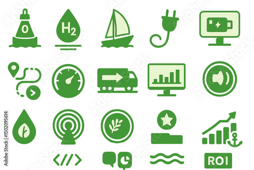 Collection of green energy icons representing sustainability and eco-friendly technology in a modern design context