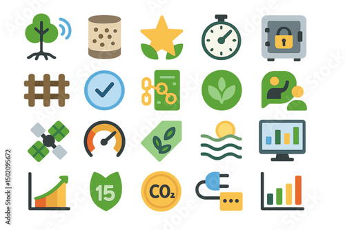 Icons representing sustainability, technology, and environmental conservation in a colorful and informative design for educational purposes