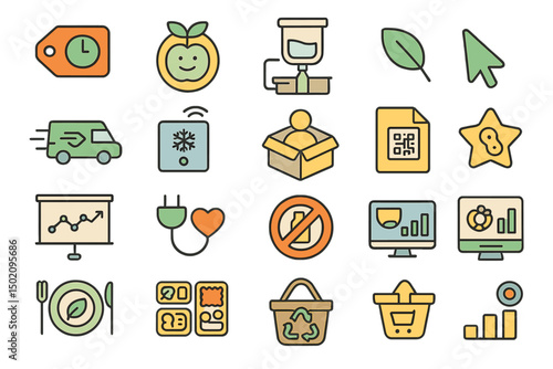 Icons representing various concepts related to sustainability, health, and technology in a modern design