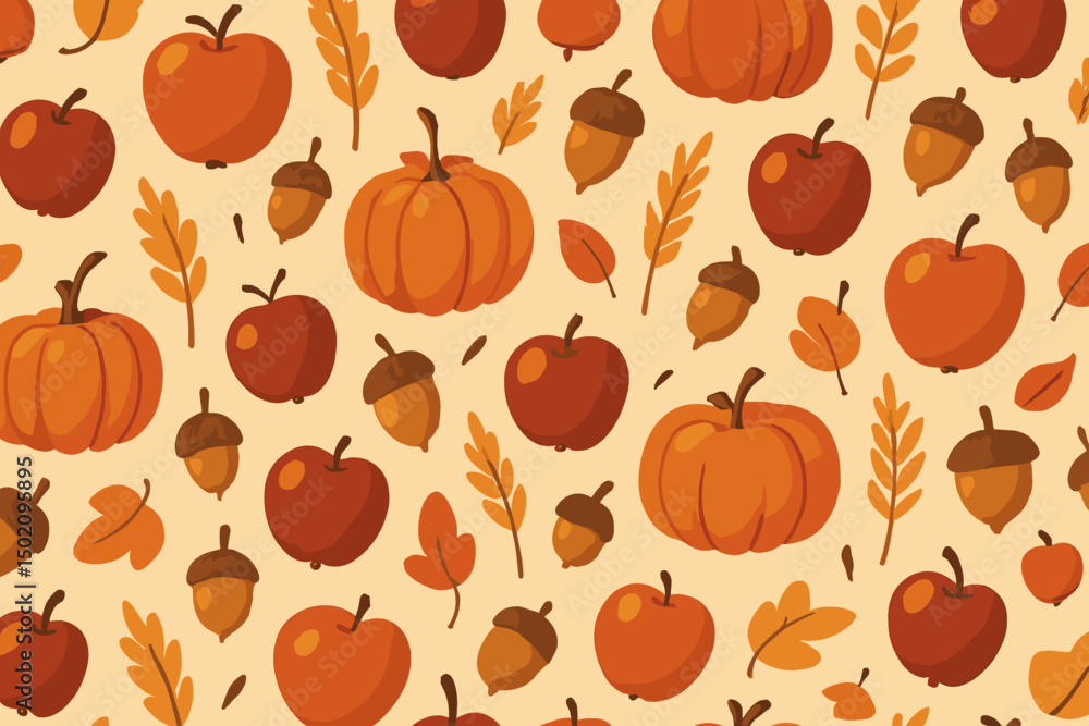Autumn themed pattern featuring pumpkins, apples, and acorns in warm colors Autumn themed pattern featuring pumpkins, apples, and acorns in warm colors