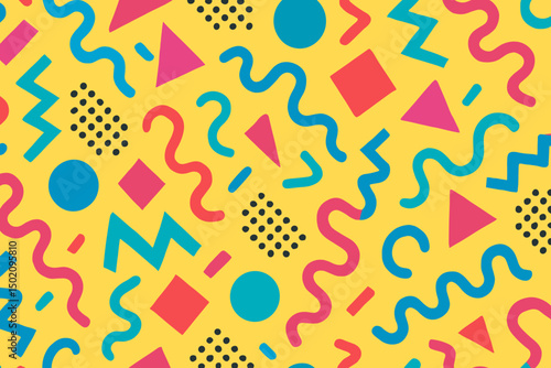 Colorful geometric pattern with abstract shapes on a bright yellow background showcasing vibrant design elements