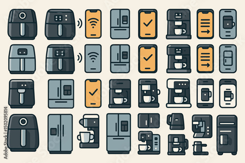 Modern kitchen appliances in a grid layout showcasing various designs and features for smart home convenience