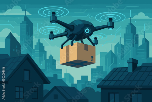 Drone delivers package over urban buildings in a modern city skyline at dusk
