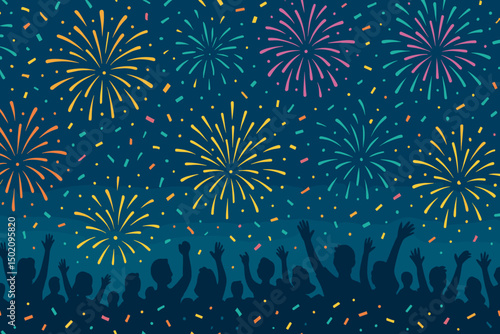 Celebration crowd enjoying colorful fireworks at night festivity event