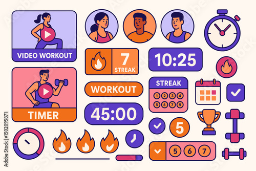 Engaging digital workout elements featuring timers, progress trackers, and animated characters in bright colors