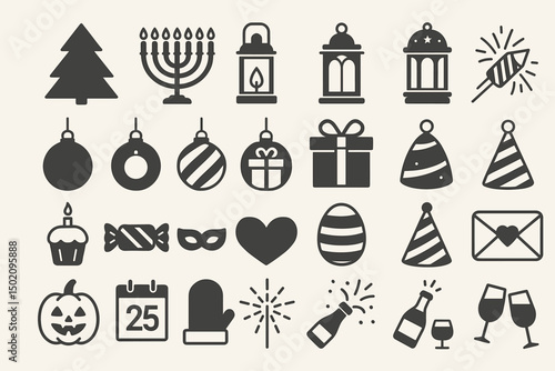 Festive symbols and icons representing various celebrations and holidays in a decorative layout during festive season