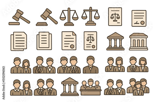 Legal symbols and professionals represented in flat design style for law concepts and judicial themes